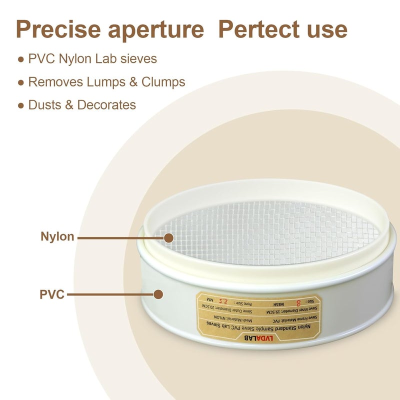 LVDALAB 8 Mesh(2.5mm) PVC Nylon Lab Sieve, 7.9Inch(20cm) Diameter Sample Sifter Strainer for Industrial Lab Home - Image 4